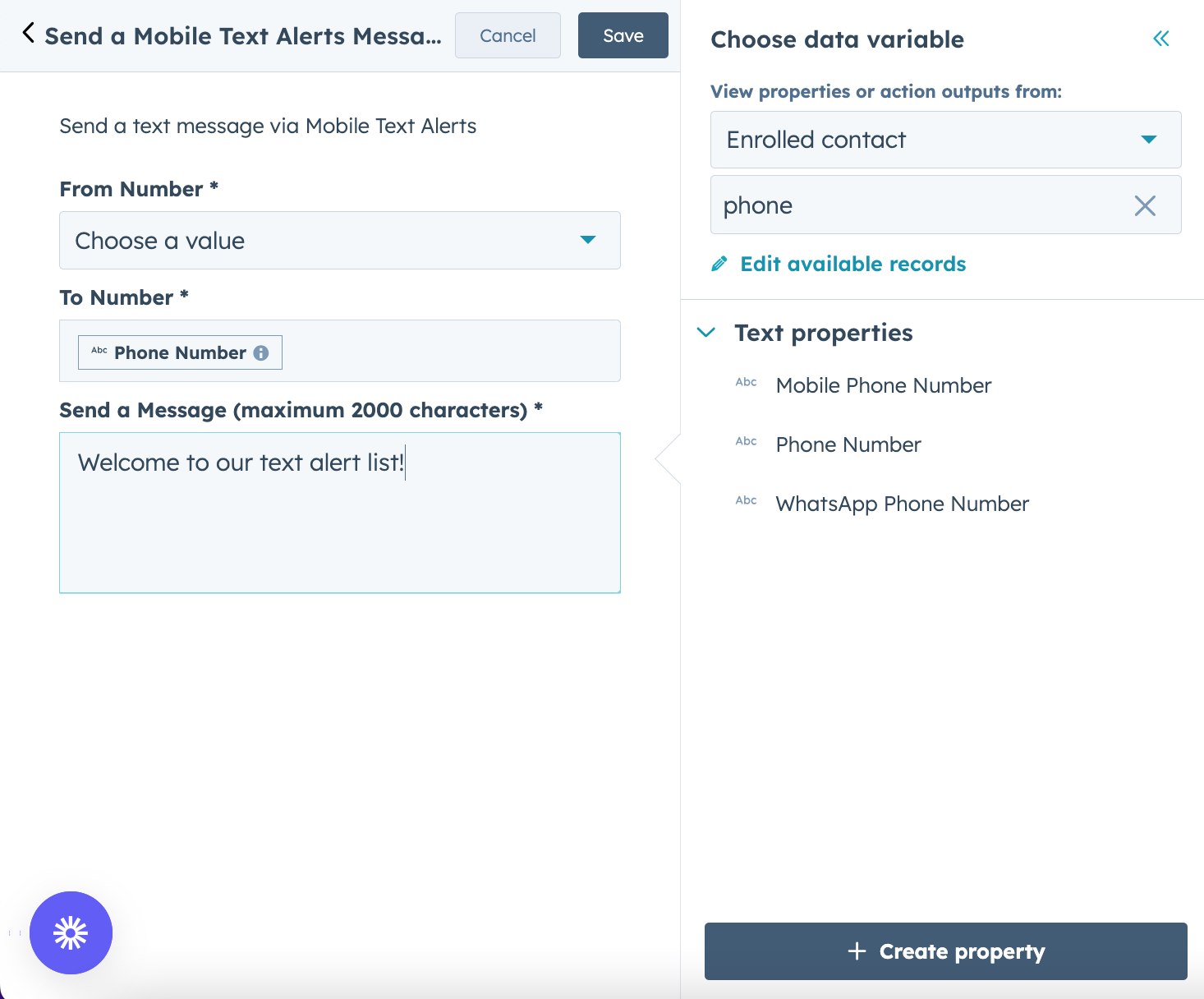 Setting up "send a message" action in HubSpot.png